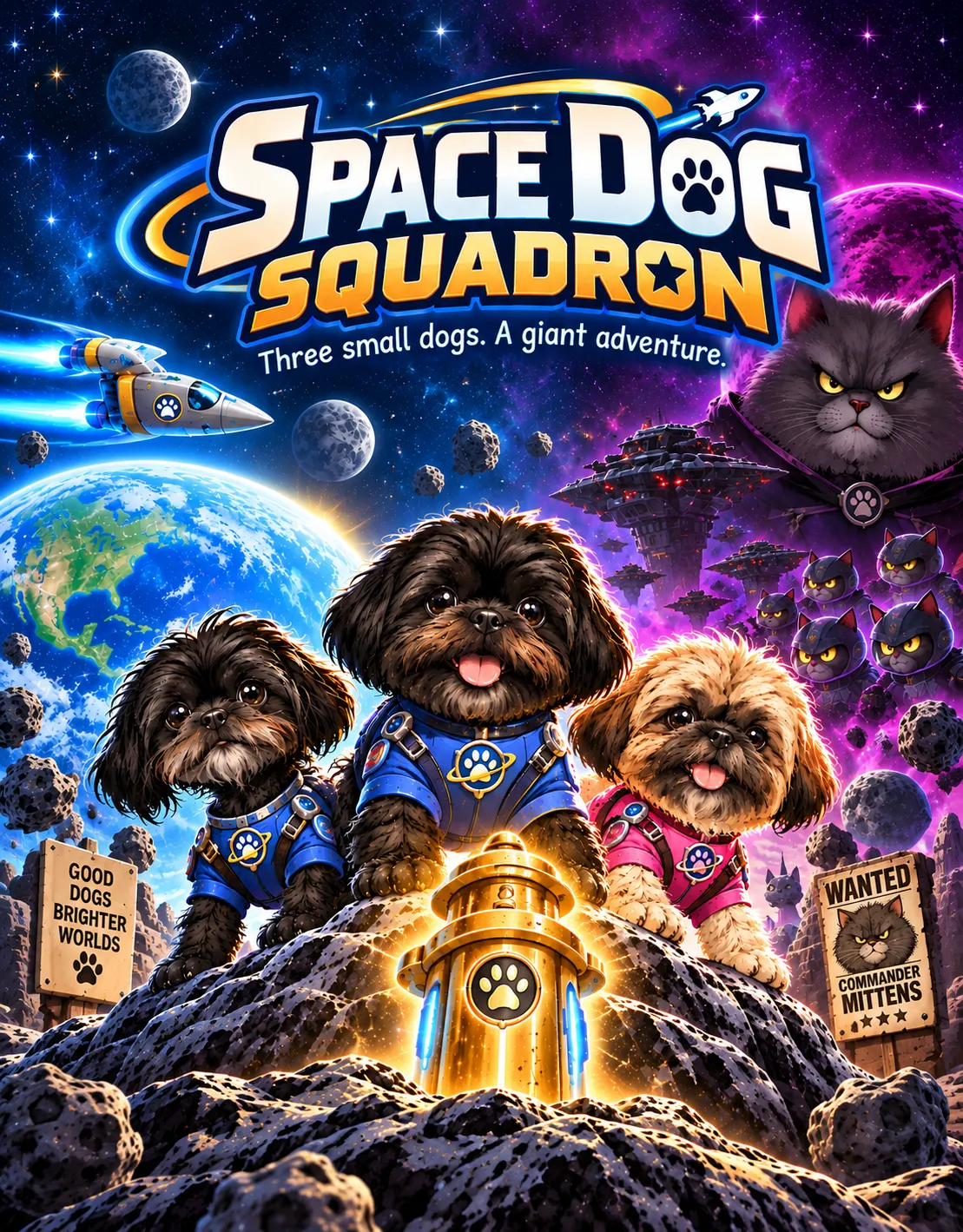The cover of Space Dog Squadron: three shih tzus in spacesuits — one black, one dark brown, one tan in pink — stand on a rocky asteroid beside a glowing golden fire hydrant, with Earth behind them, a spaceship streaking past, and a huge grey cat in a cape glowering from a purple planet, an army of small cats below. The tagline reads “Three small dogs. A giant adventure.”