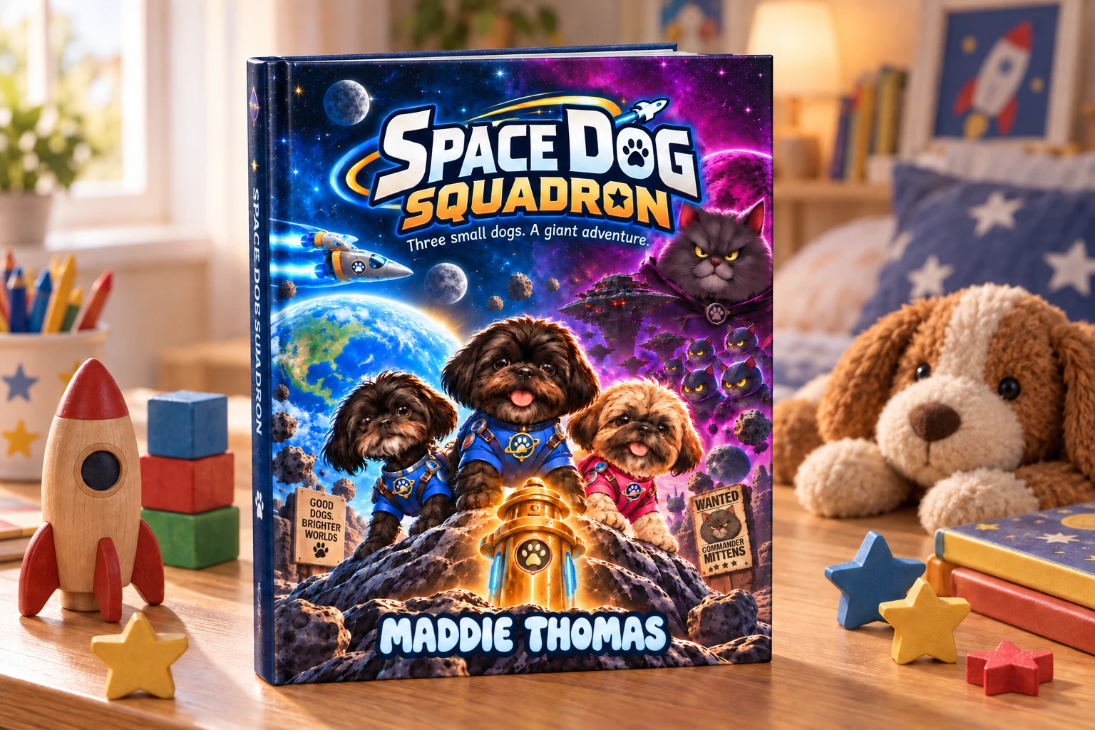 The Space Dog Squadron hardcover standing on a child's desk in a sunny bedroom, beside a wooden toy rocket, building blocks and a plush puppy. On the cover, three shih tzus in spacesuits stand on an asteroid by a golden fire hydrant, Earth behind them and a caped grey cat glowering from a purple planet.